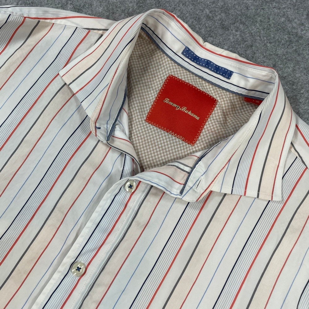 Tommy Bahama Mens Button Down Shirt L White with multi-color stripes Striped